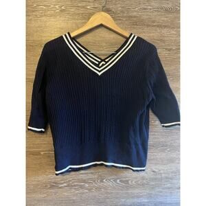 Fisherman Nautical V-Neck Sweater Westbound Navy Blue White Sz L Petite Preppy